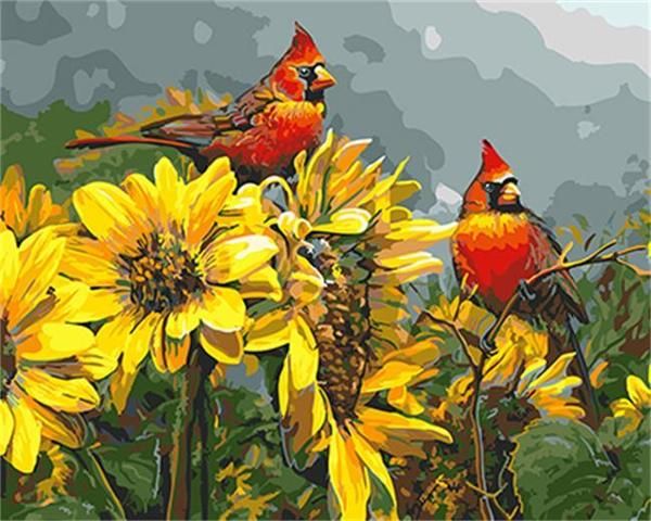 Vögel auf Sonnenblumen