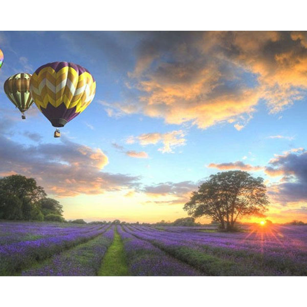 Heissluftballon über Lavendelfelder